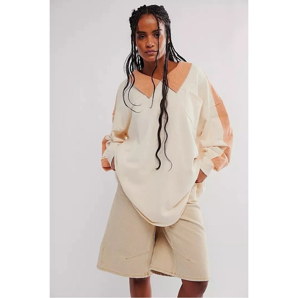 Free People Oversized Cream and Peach Knit-Trim Polo Sweatshirt